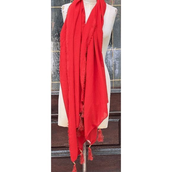 Vintage Accessories - Large Rust Colored Raw Edge Scarf With Tassels - 33" x 75"